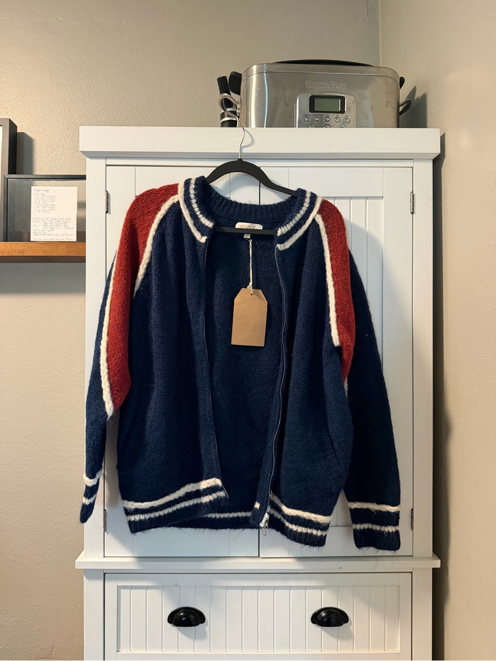 Navy Knit Zip-Up Cardigan with Red Accent